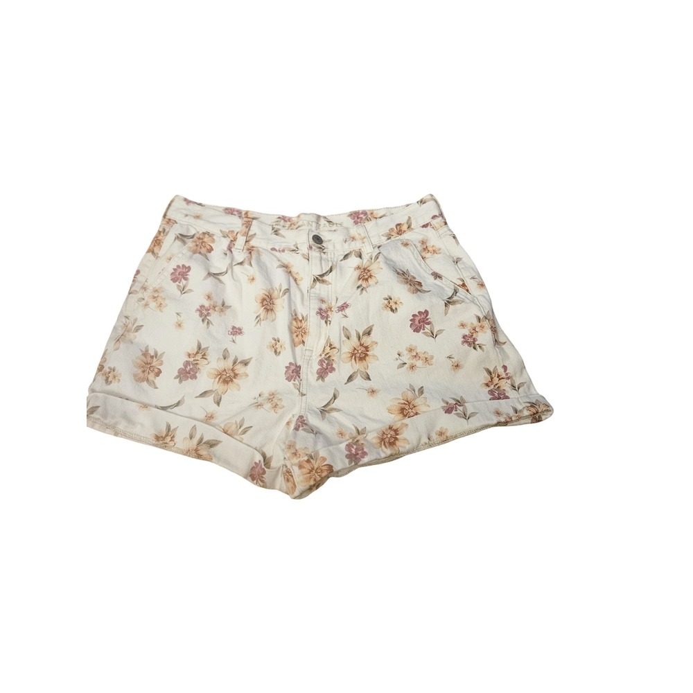 American Eagle Floral High Waisted Denim Shorts Cream Pink Tan Womens Size 12